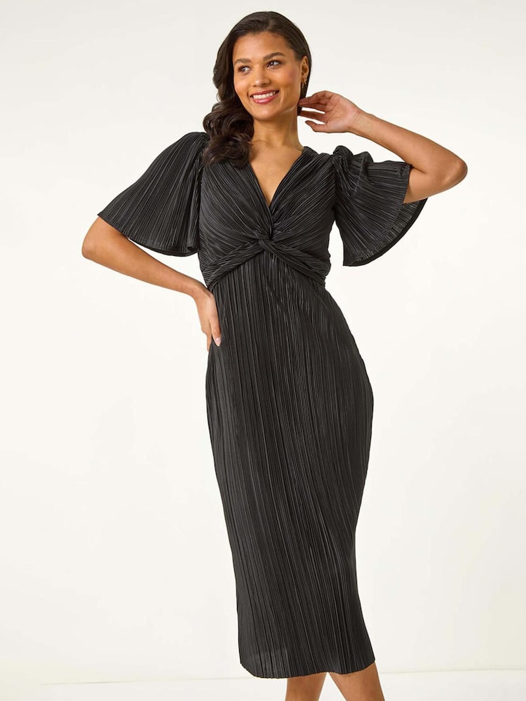 Roman Black Plisse Flutter Sleeve Midi Dress - Image 1 of 5 Roman Black Plisse Flutter Sleeve Midi Dress - Image 1 of 5