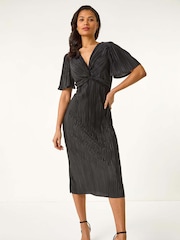 Roman Black Plisse Flutter Sleeve Midi Dress - Image 2 of 5