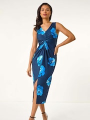 Roman Blue Floral Twist Front Midi Dress - Image 1 of 5
