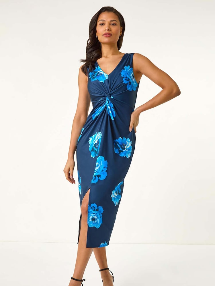 Roman Blue Floral Twist Front Midi Dress - Image 1 of 5