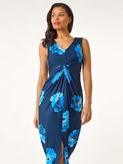 Roman Blue Floral Twist Front Midi Dress - Image 2 of 5
