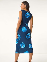 Roman Blue Floral Twist Front Midi Dress - Image 3 of 5