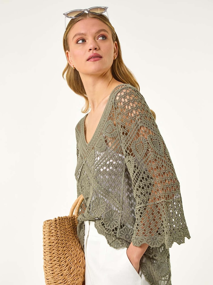 Verde - Roman Crochet Lace V-Neck Open Knit 100% Cotton Blouses - Imagen 1 de 4 Verde - Roman Crochet Lace V-Neck Open Knit 100% Cotton Blouses - Imagen 1 de 4