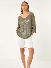 Verde - Roman Crochet Lace V-Neck Open Knit 100% Cotton Blouses - Imagen 2 de 4