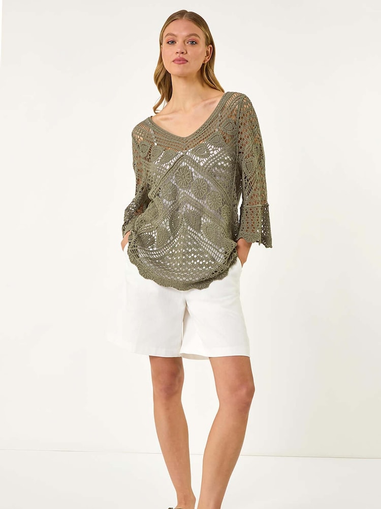 Verde - Roman Crochet Lace V-Neck Open Knit 100% Cotton Blouses - Imagen 2 de 4