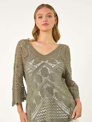 Verde - Roman Crochet Lace V-Neck Open Knit 100% Cotton Blouses - Imagen 3 de 4