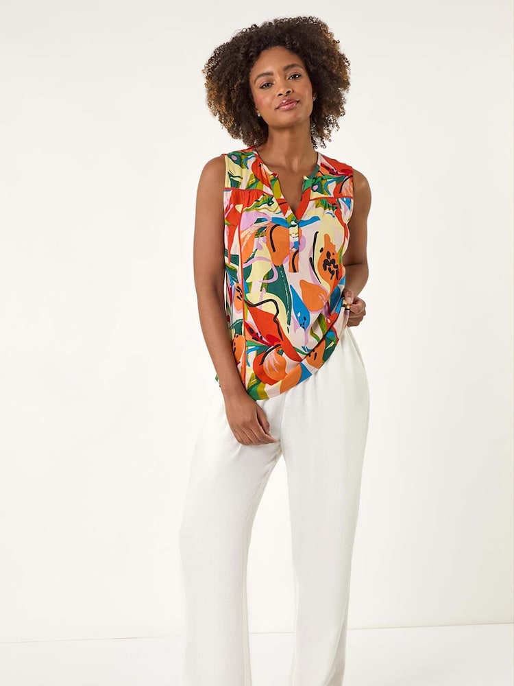 Roman Red Abstract Print V-Neck Button Blouse - Image 2 of 5