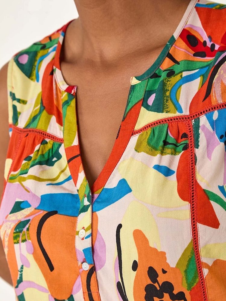 Roman Red Abstract Print V-Neck Button Blouse - Image 5 of 5