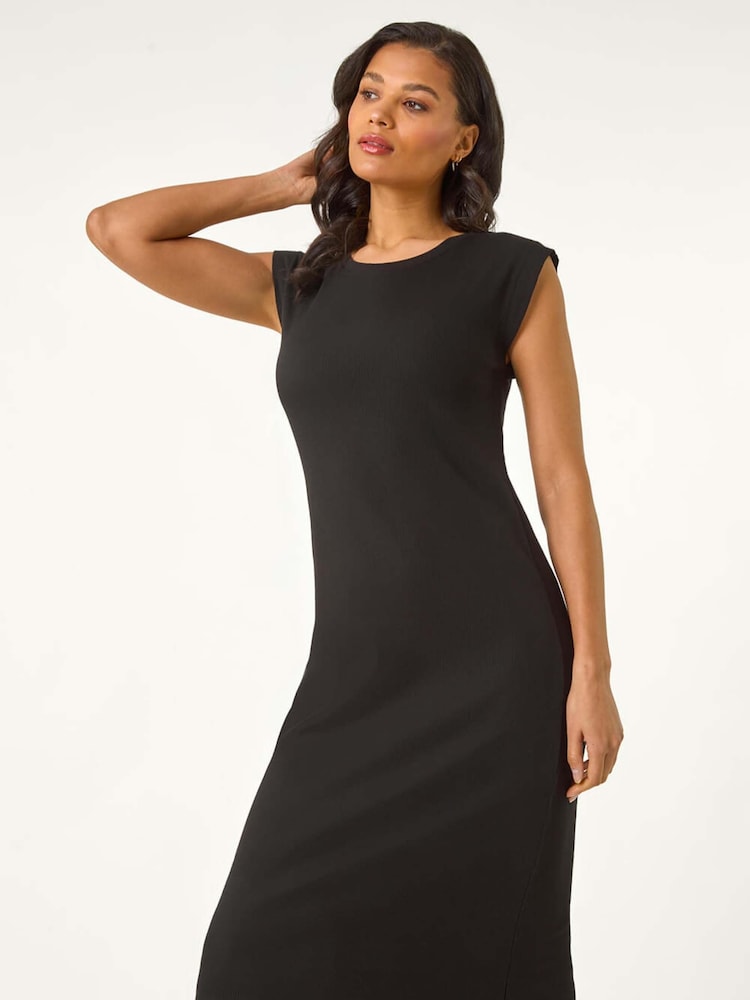 Roman Black Ribbed Cap Sleeve Midi Dress - Image 1 of 5
