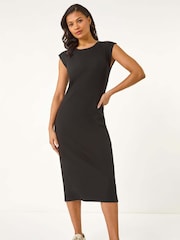 Roman Black Ribbed Cap Sleeve Midi Dress - Image 2 of 5