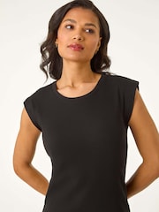 Roman Black Ribbed Cap Sleeve Midi Dress - Image 4 of 5