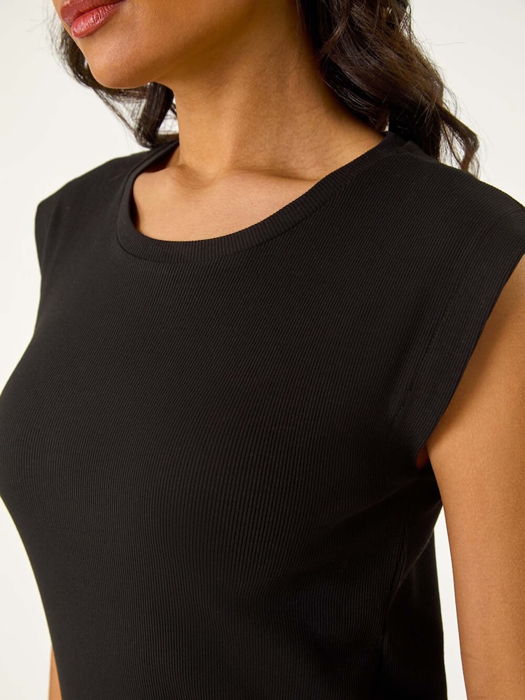 Roman Black Ribbed Cap Sleeve Midi Dress - Image 5 of 5