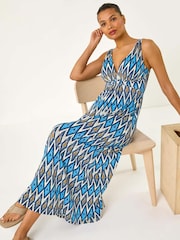 Roman Blue Geometric V-Neck Maxi Dress - Image 1 of 5