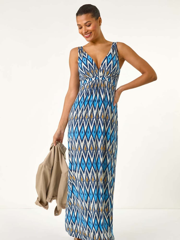 Roman Blue Geometric V-Neck Maxi Dress - Image 2 of 5