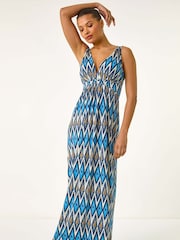 Roman Blue Geometric V-Neck Maxi Dress - Image 4 of 5