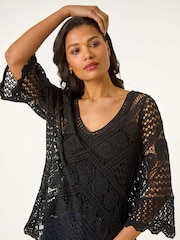 Negro - Roman Crochet Lace V-Neck Open Knit 100% Cotton Blouses - Imagen 1 de 5