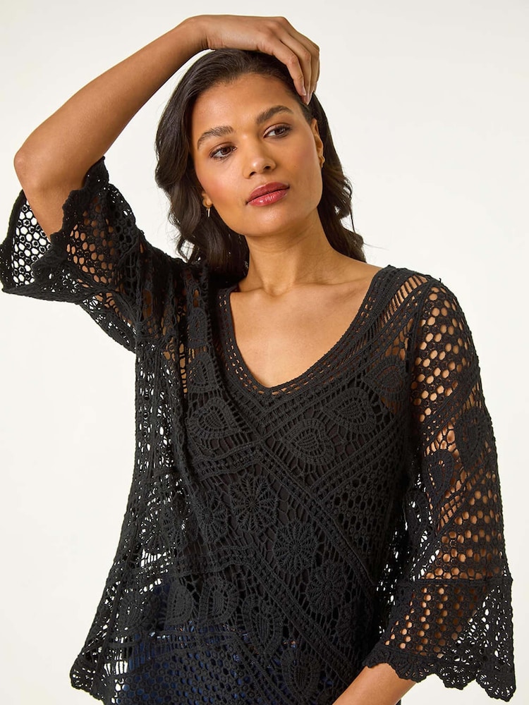 Negro - Roman Crochet Lace V-Neck Open Knit 100% Cotton Blouses - Imagen 1 de 5