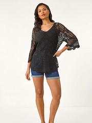 Negro - Roman Crochet Lace V-Neck Open Knit 100% Cotton Blouses - Imagen 2 de 5