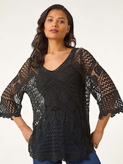 Negro - Roman Crochet Lace V-Neck Open Knit 100% Cotton Blouses - Imagen 4 de 5