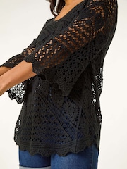 Negro - Roman Crochet Lace V-Neck Open Knit 100% Cotton Blouses - Imagen 5 de 5