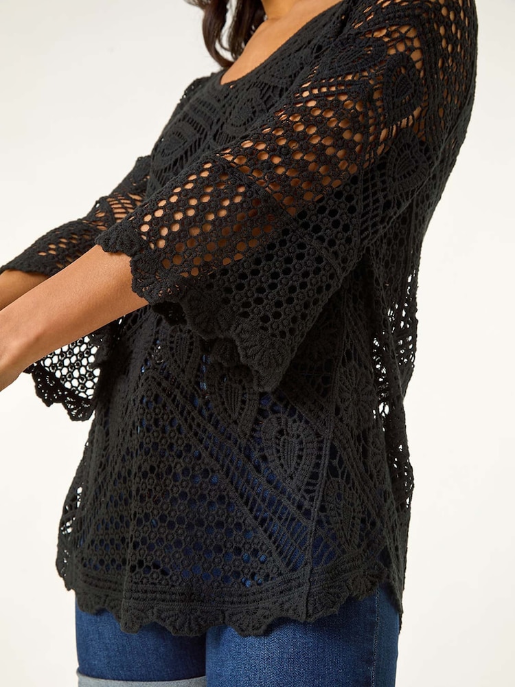 Negro - Roman Crochet Lace V-Neck Open Knit 100% Cotton Blouses - Imagen 5 de 5