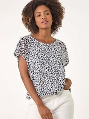 Roman Blue Printed Lace Bubble Hem Blouse - Image 1 of 5