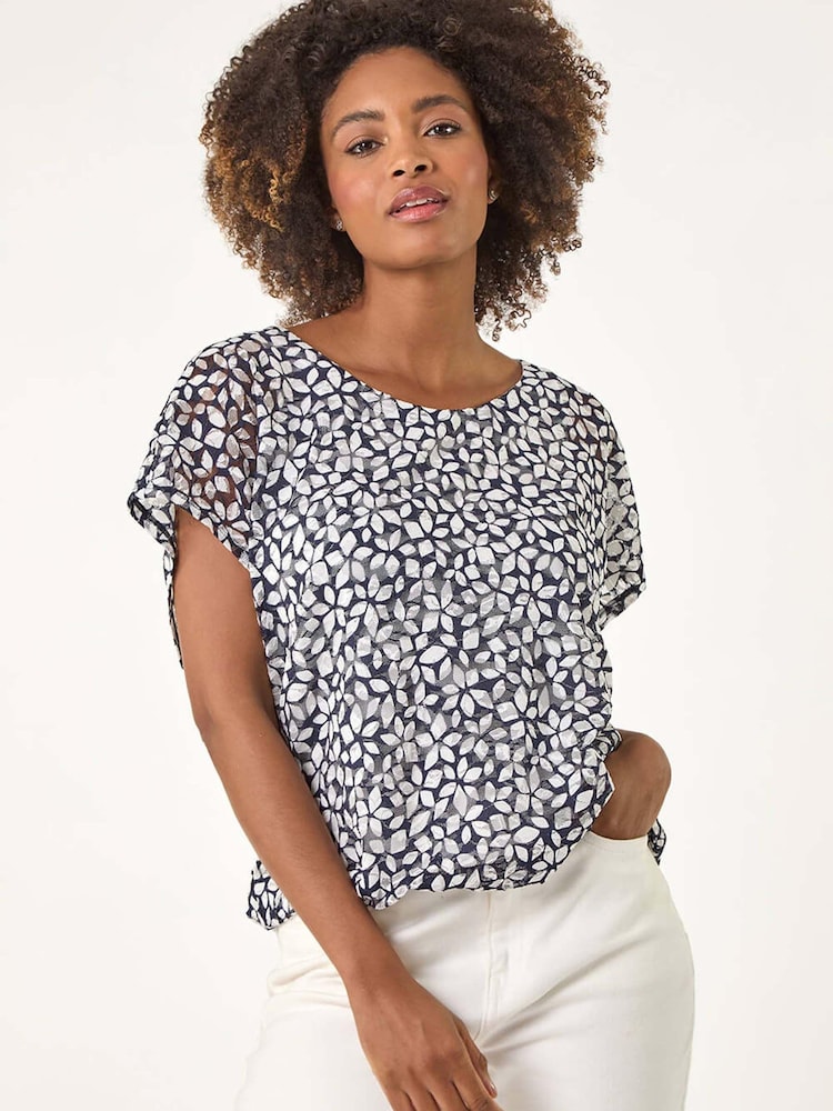 Roman Blue Printed Lace Bubble Hem Blouse - Image 1 of 5 Roman Blue Printed Lace Bubble Hem Blouse - Image 1 of 5
