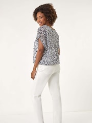 Roman Blue Printed Lace Bubble Hem Blouse - Image 3 of 5