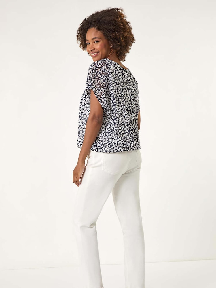 Roman Blue Printed Lace Bubble Hem Blouse - Image 2 of 5 Roman Blue Printed Lace Bubble Hem Blouse - Image 2 of 5