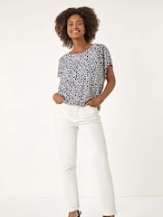 Roman Blue Printed Lace Bubble Hem Blouse - Image 5 of 5