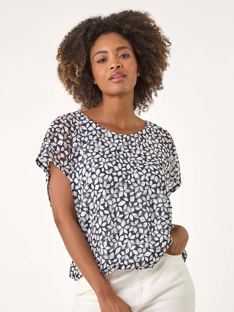 Roman Blue Printed Lace Bubble Hem Blouse - Image 5 of 5 Roman Blue Printed Lace Bubble Hem Blouse - Image 5 of 5