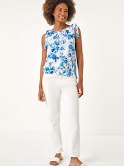 Roman Blue Floral Print Bow Detail Stretch Blouse - Image 1 of 5