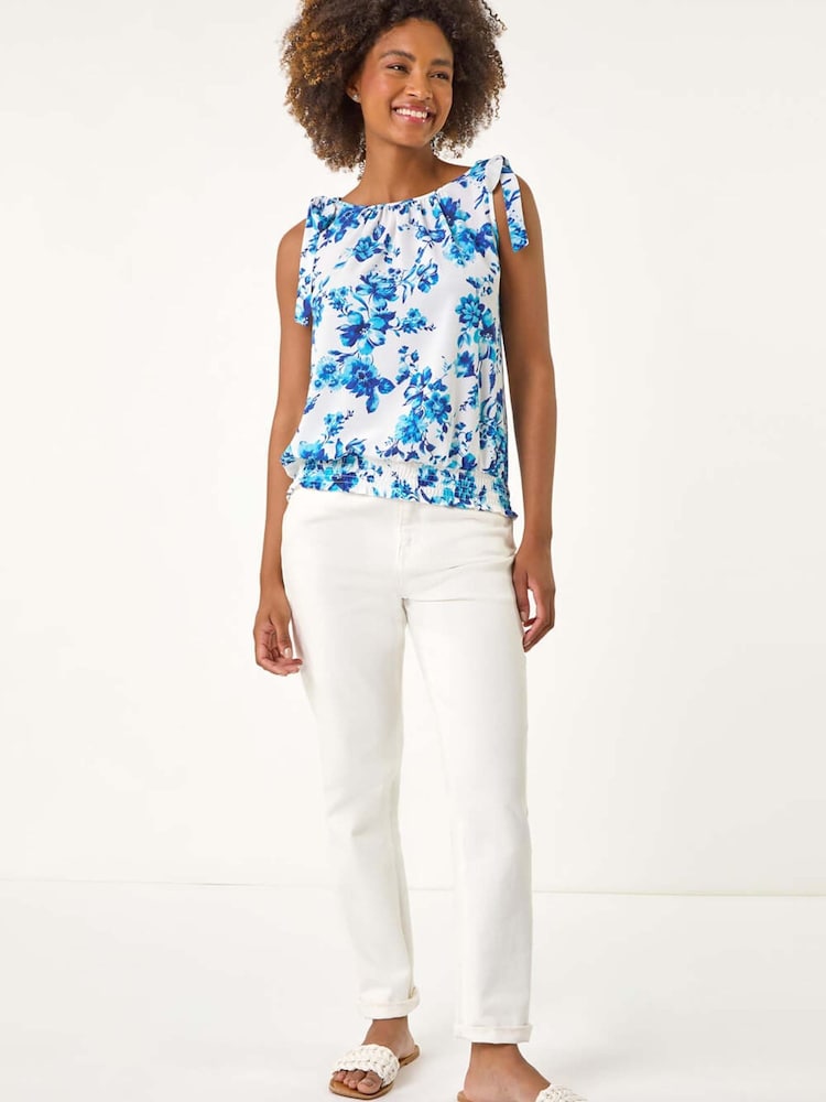 Roman Blue Floral Print Bow Detail Stretch Blouse - Image 1 of 5