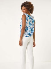 Roman Blue Floral Print Bow Detail Stretch Blouse - Image 2 of 5