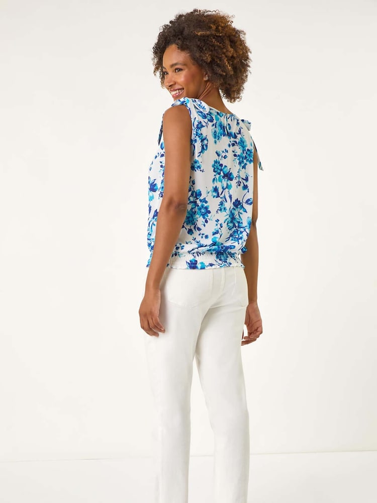 Roman Blue Floral Print Bow Detail Stretch Blouse - Image 2 of 5
