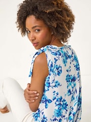 Roman Blue Floral Print Bow Detail Stretch Blouse - Image 3 of 5