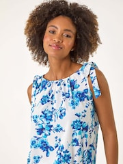 Roman Blue Floral Print Bow Detail Stretch Blouse - Image 4 of 5