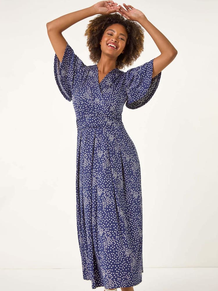 Roman Blue Spot Print Wrap Midi Dress - Image 1 of 5 Roman Blue Spot Print Wrap Midi Dress - Image 1 of 5