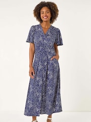 Roman Blue Spot Print Wrap Midi Dress - Image 2 of 5