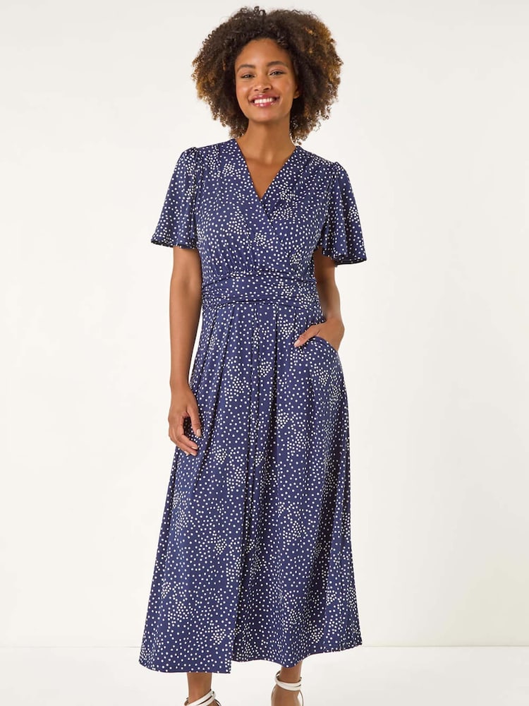 Roman Blue Spot Print Wrap Midi Dress - Image 2 of 5