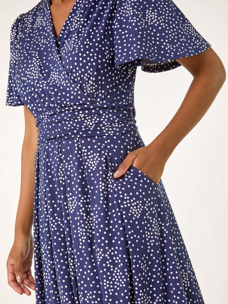 Roman Blue Spot Print Wrap Midi Dress - Image 5 of 5