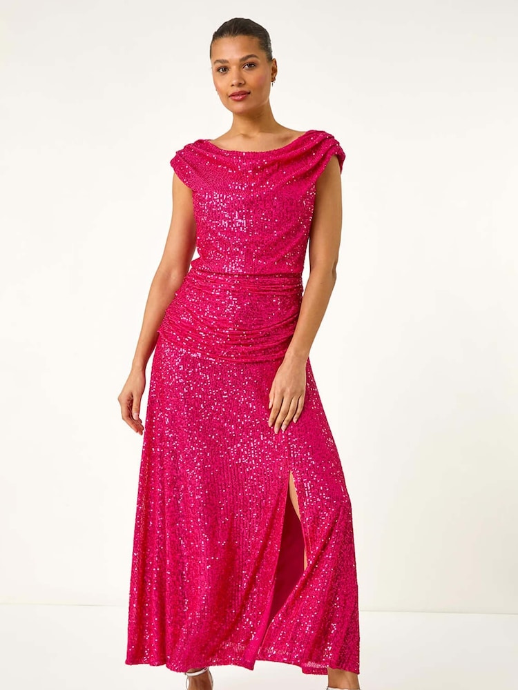 Roman Pink Sequin Cowl Neck Maxi Stretch Dress - Image 1 of 5