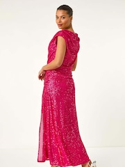 Roman Pink Sequin Cowl Neck Maxi Stretch Dress - Image 2 of 5