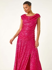 Roman Pink Sequin Cowl Neck Maxi Stretch Dress - Image 3 of 5