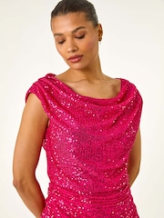 Roman Pink Sequin Cowl Neck Maxi Stretch Dress - Image 4 of 5