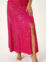 Roman Pink Sequin Cowl Neck Maxi Stretch Dress - Image 5 of 5