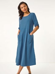 Roman Blue Textured A-line Midi Dress - Image 1 of 5