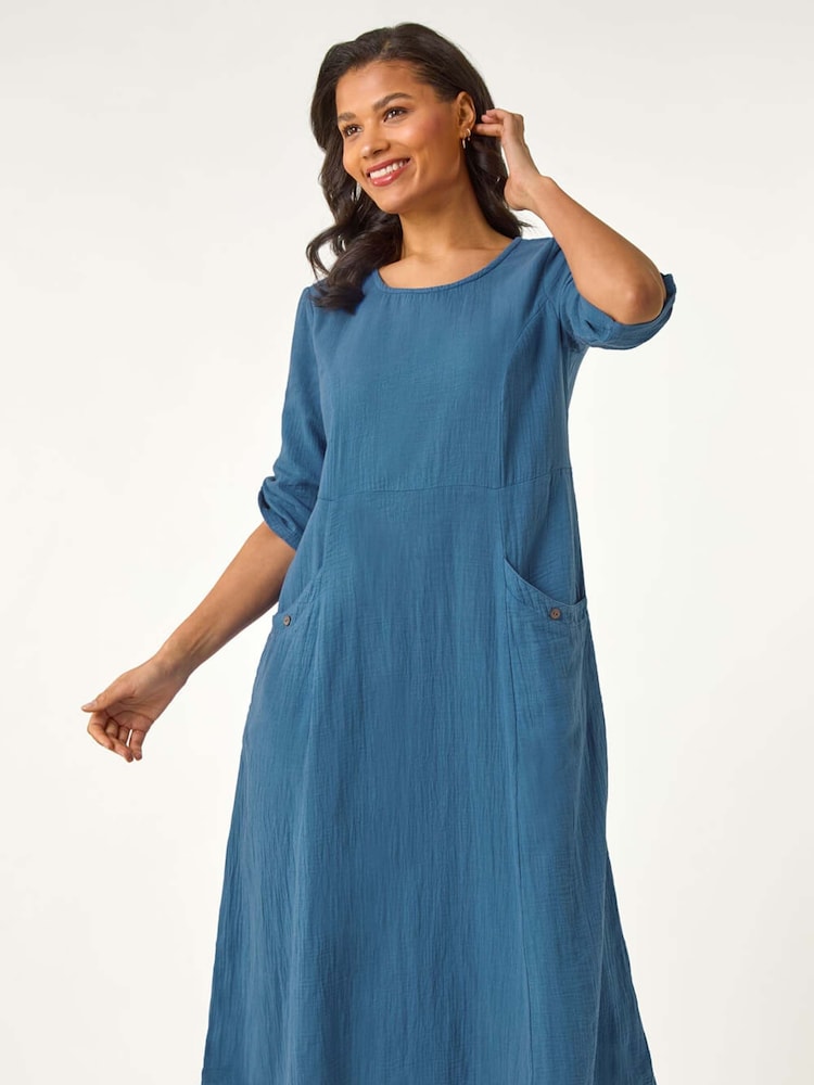 Roman Blue Textured A-line Midi Dress - Image 2 of 5