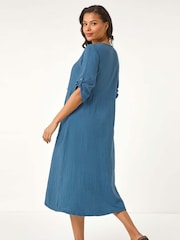 Roman Blue Textured A-line Midi Dress - Image 3 of 5