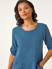 Roman Blue Textured A-line Midi Dress - Image 4 of 5